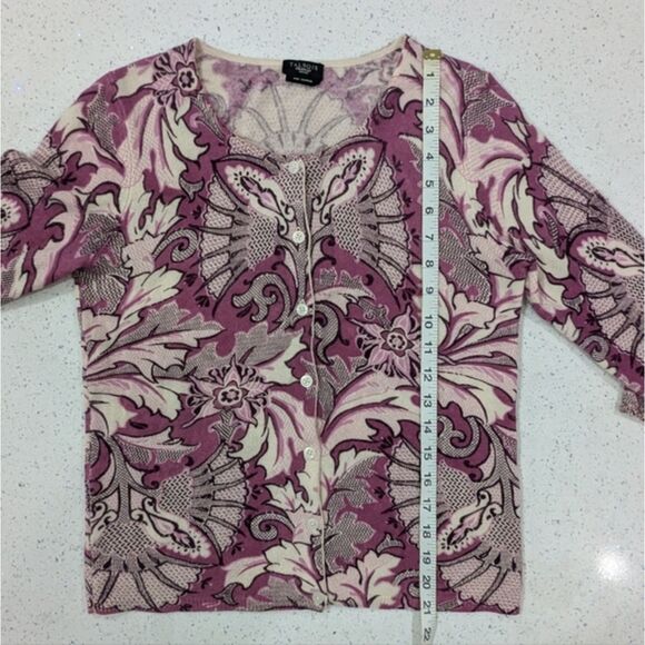 Talbots Petite Pure Cashmere Purple Gray Floral Cardigan Sweater 3/4 Sleeve SP - Picture 5 of 8